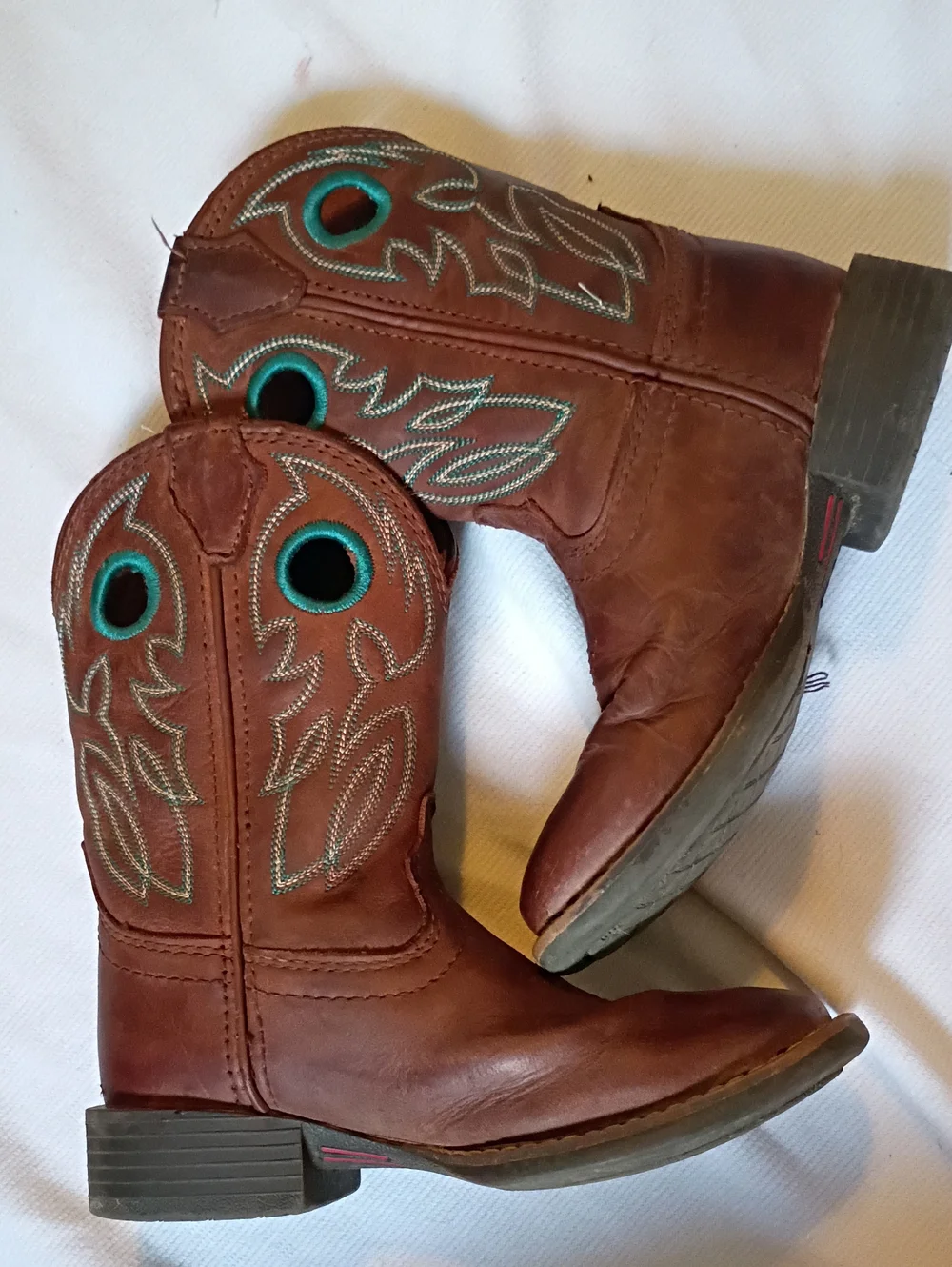 Justin Boots Kids Brown Leather Western Boots with Teal Stitching